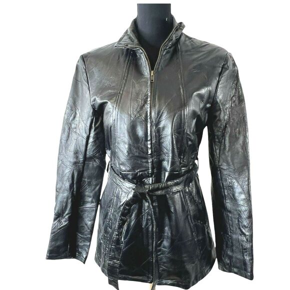 Vintage Navarre Genuine Leather Patchwork Black Belted Trench‎ Coat Womens Med - Picture 1 of 6